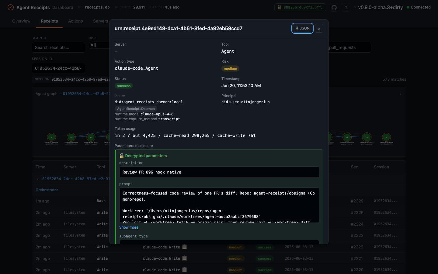 Forensic decryption detail showing decrypted prompt and tool parameters in a receipt modal
